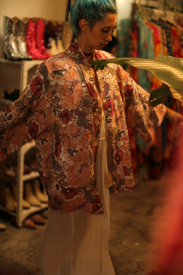SILK SEQUIN EMBROIDERED KIMONO LUZI - sustainably made MOMO NEW YORK sustainable clothing, bestseller slow fashion