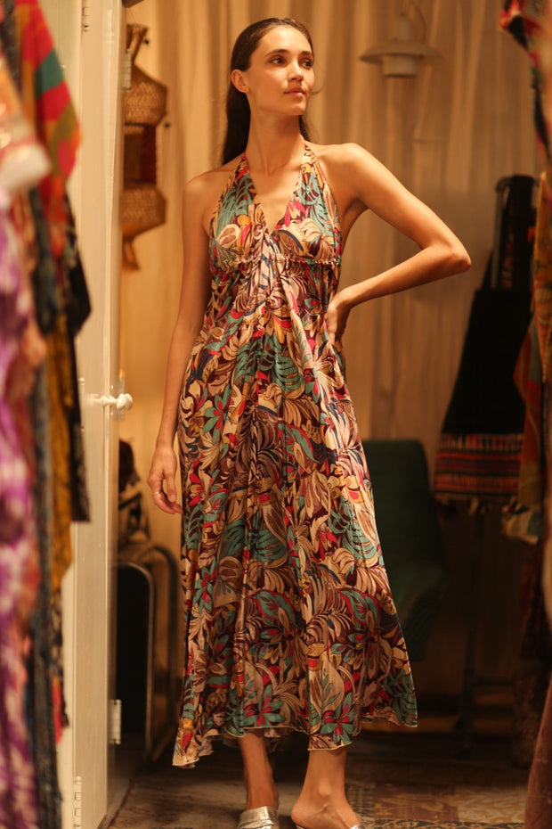 SILK STRAP DRESS HANNAH BROWN JUNGLE FEVER - sustainably made MOMO NEW YORK sustainable clothing, Boho Chic Dress slow fashion