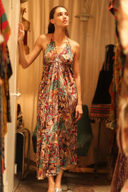 SILK STRAP DRESS HANNAH BROWN JUNGLE FEVER - sustainably made MOMO NEW YORK sustainable clothing, Boho Chic Dress slow fashion