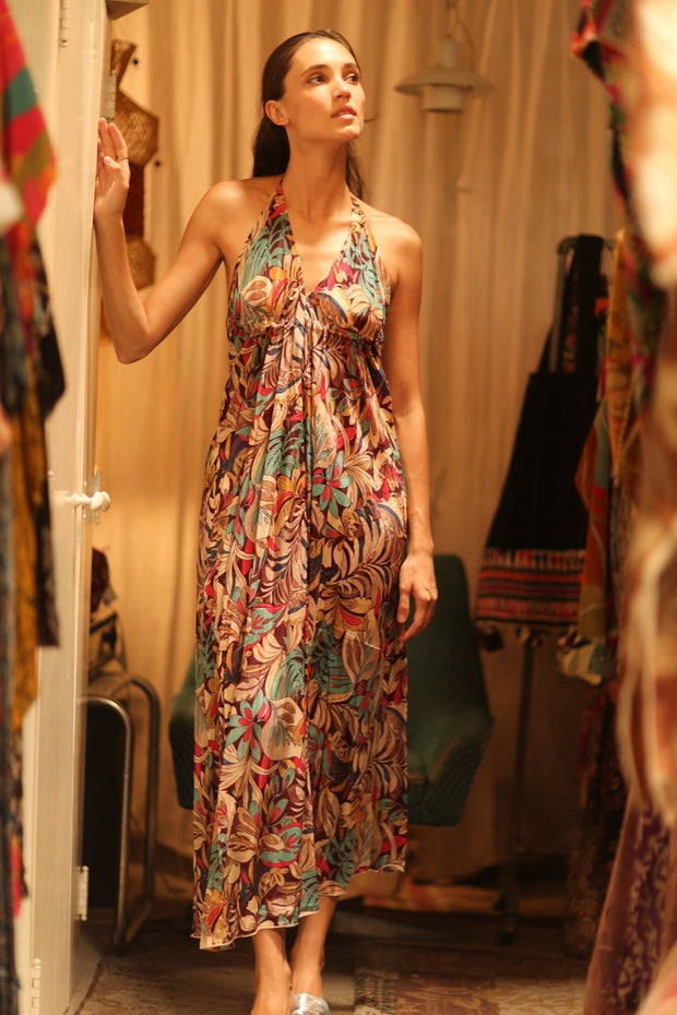 SILK STRAP DRESS HANNAH BROWN JUNGLE FEVER - sustainably made MOMO NEW YORK sustainable clothing, Boho Chic Dress slow fashion