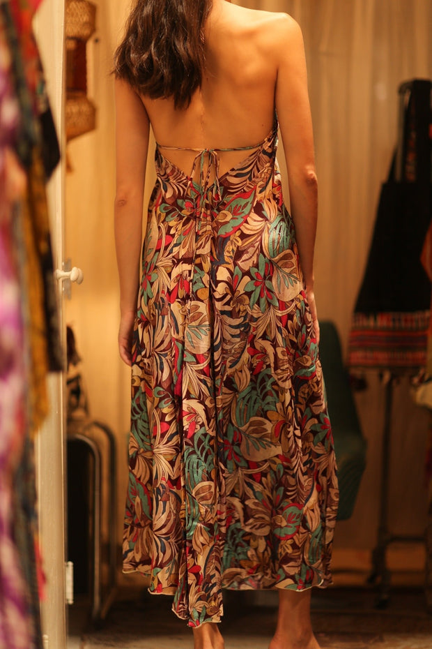 SILK STRAP DRESS HANNAH BROWN JUNGLE FEVER - sustainably made MOMO NEW YORK sustainable clothing, Boho Chic Dress slow fashion