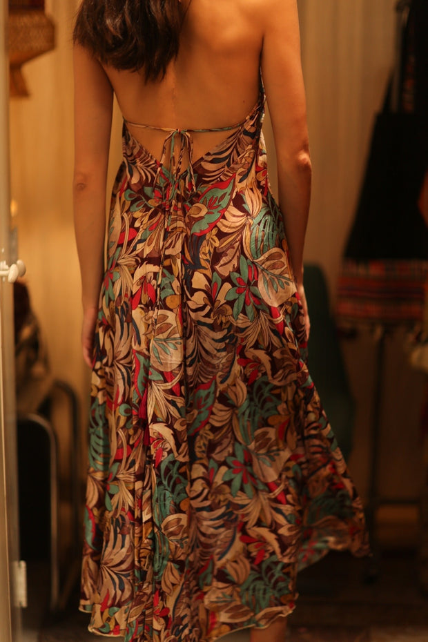 SILK STRAP DRESS HANNAH BROWN JUNGLE FEVER - sustainably made MOMO NEW YORK sustainable clothing, Boho Chic Dress slow fashion