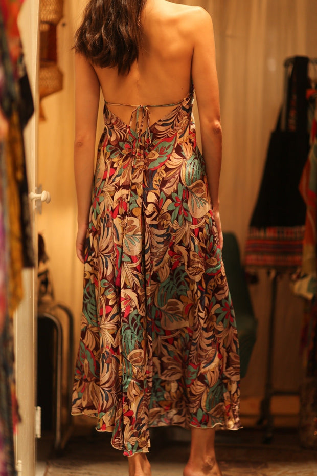 SILK STRAP DRESS HANNAH BROWN JUNGLE FEVER - sustainably made MOMO NEW YORK sustainable clothing, Boho Chic Dress slow fashion