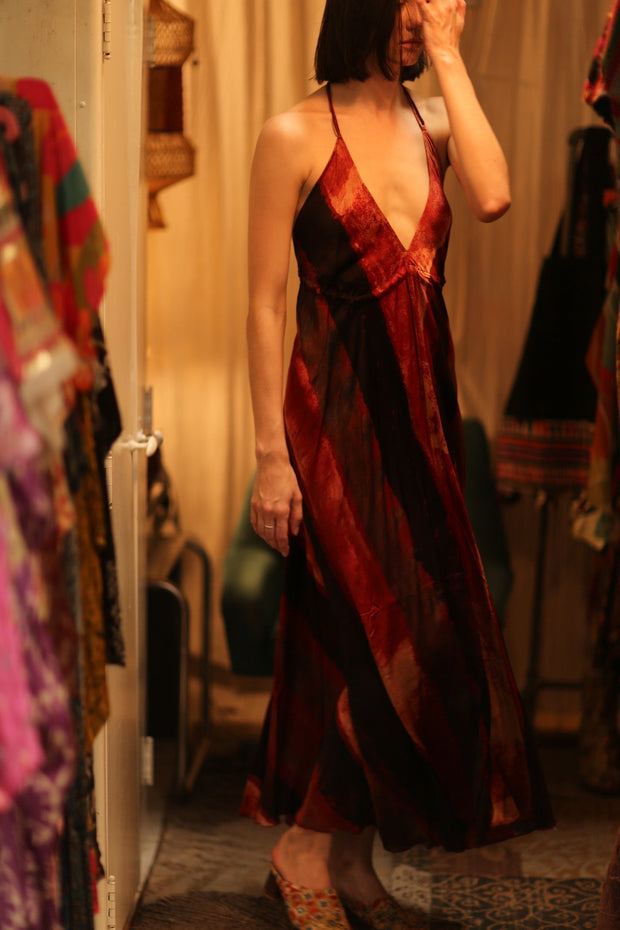SILK SUMMER STRAP DRESS HANNAH RED STRIPE - sustainably made MOMO NEW YORK sustainable clothing, Boho Chic Dress slow fashion