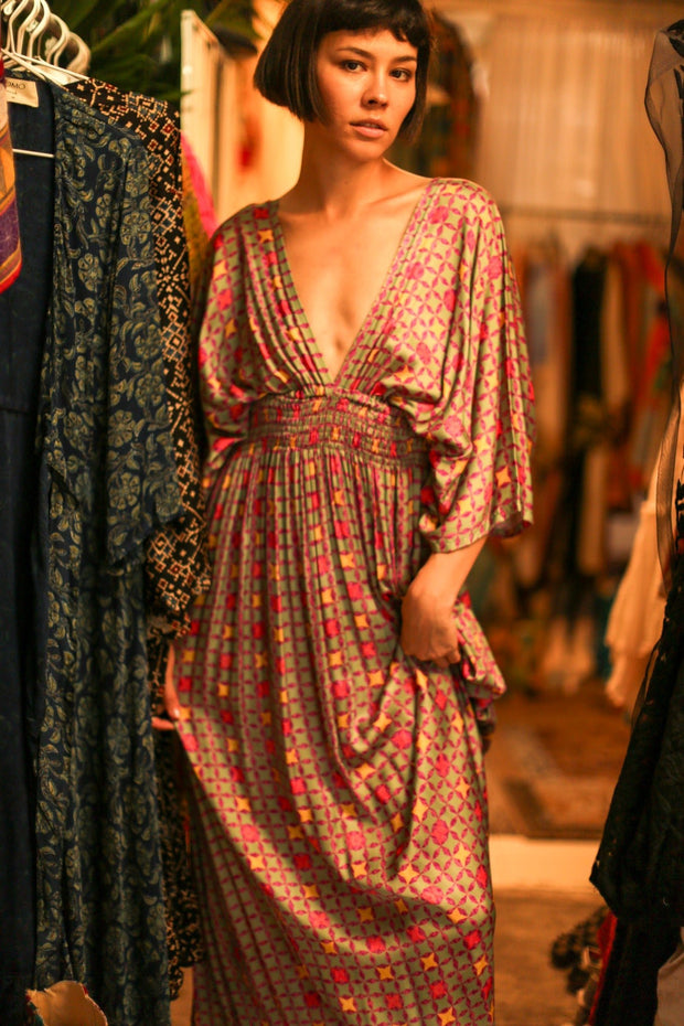 SILK V NECK DRESS PINA - sustainably made MOMO NEW YORK sustainable clothing, dress slow fashion