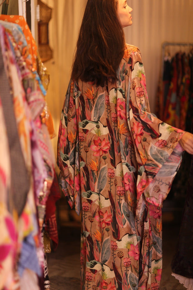 SILK WING KIMONO PINA FLORAL PINKY - sustainably made MOMO NEW YORK sustainable clothing, handmade slow fashion