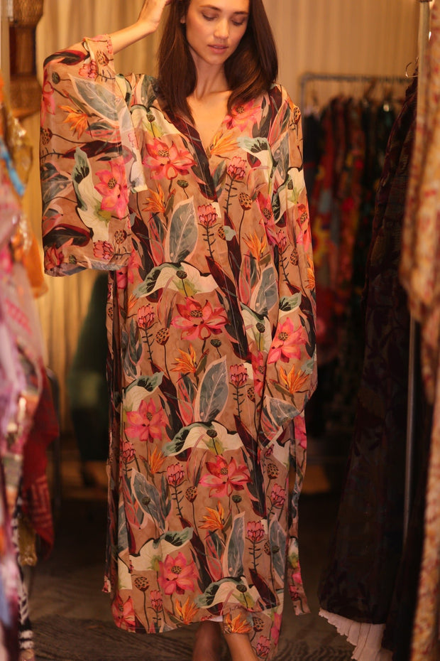 SILK WING KIMONO PINA FLORAL PINKY - sustainably made MOMO NEW YORK sustainable clothing, handmade slow fashion
