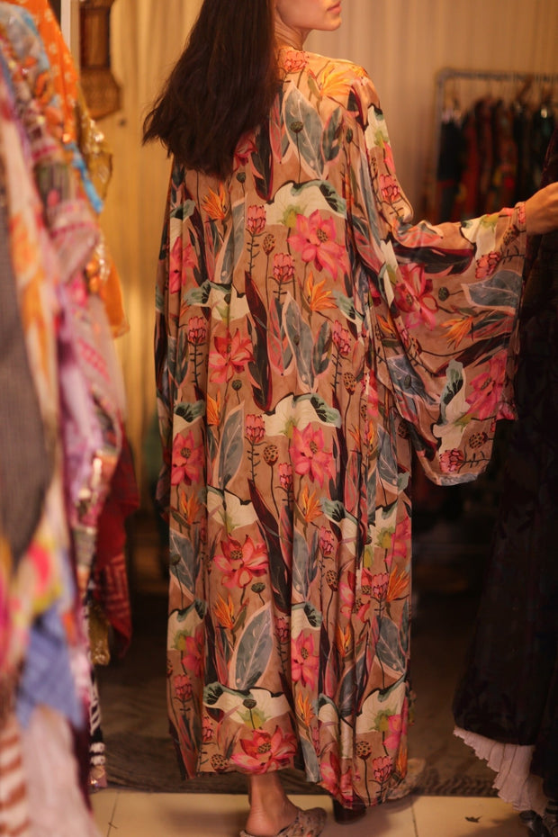 SILK WING KIMONO PINA FLORAL PINKY - sustainably made MOMO NEW YORK sustainable clothing, handmade slow fashion