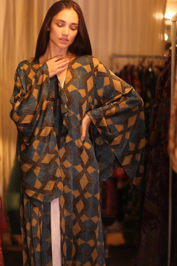 SILK WING KIMONO PINA GOLDEN QUADRANGLE - sustainably made MOMO NEW YORK sustainable clothing, handmade slow fashion