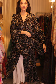 SILK WING KIMONO PINA SILK BROWN GRID - sustainably made MOMO NEW YORK sustainable clothing, handmade slow fashion