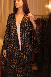 SILK WING KIMONO PINA SILK BROWN GRID - sustainably made MOMO NEW YORK sustainable clothing, handmade slow fashion