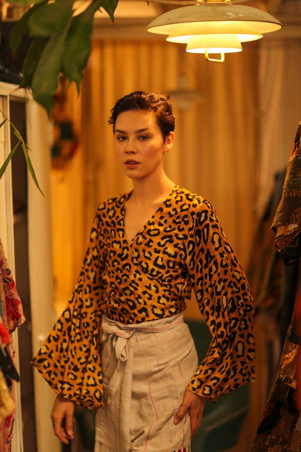 SILK WRAP TOP AURELIA DARK YELLOW LEOPARD - sustainably made MOMO NEW YORK sustainable clothing, new slow fashion