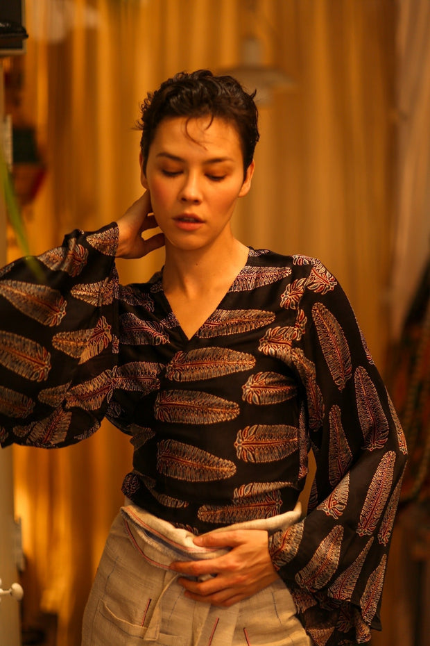SILK WRAP TOP AURELIA FEATHER BLACK - sustainably made MOMO NEW YORK sustainable clothing, new slow fashion