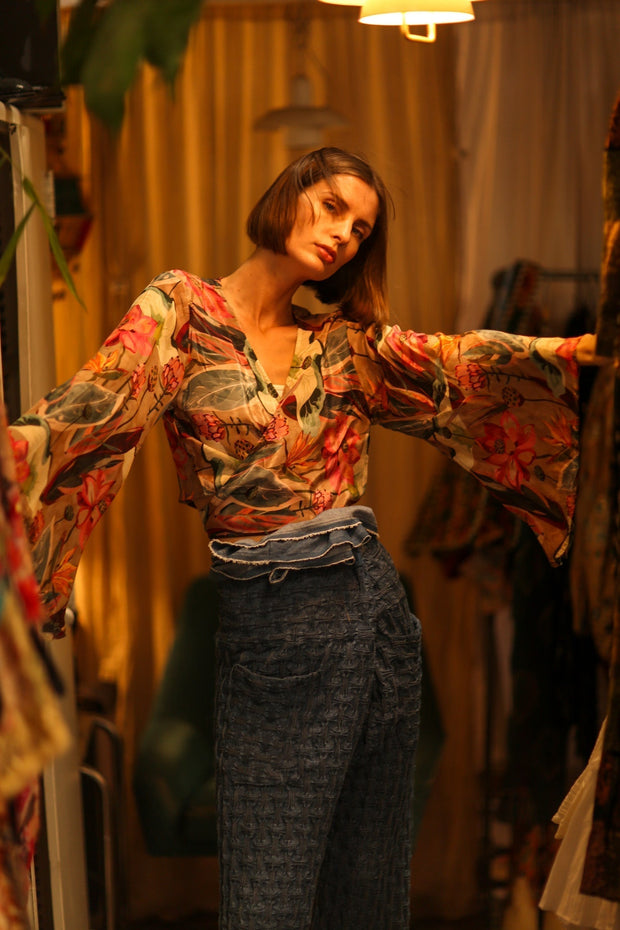 SILK WRAP TOP AURELIA FEATHER BLACK - sustainably made MOMO NEW YORK sustainable clothing, new slow fashion