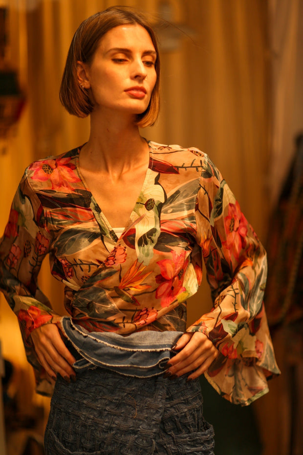 SILK WRAP TOP AURELIA FEATHER BLACK - sustainably made MOMO NEW YORK sustainable clothing, new slow fashion