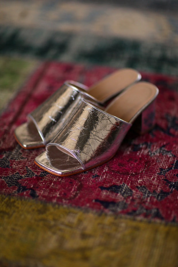 SILVER CRACKED METALLIC HEELED MULES PERRY - sustainably made MOMO NEW YORK sustainable clothing, slow fashion