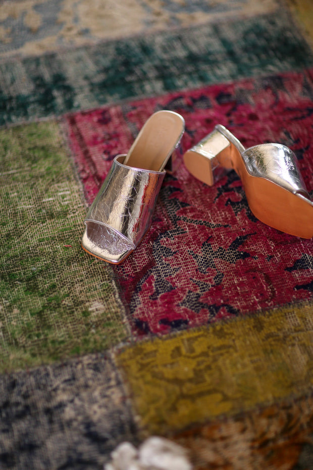 SILVER CRACKED METALLIC HEELED MULES PERRY - sustainably made MOMO NEW YORK sustainable clothing, slow fashion