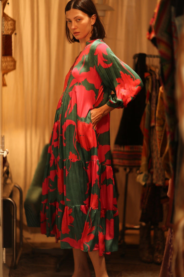 SUSIE SILK DRESS VERMILION VINES - sustainably made MOMO NEW YORK sustainable clothing, Boho Chic Dress slow fashion