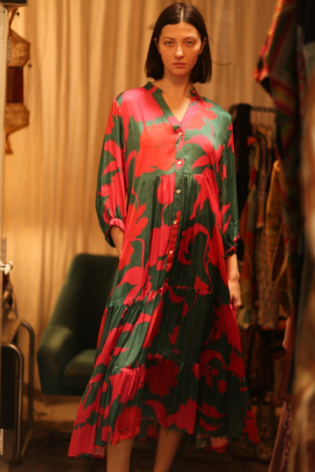 SUSIE SILK DRESS VERMILION VINES - sustainably made MOMO NEW YORK sustainable clothing, Boho Chic Dress slow fashion