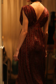 VICTORIA SILK DRESS FLORAL DECO BURGUNDY - sustainably made MOMO NEW YORK sustainable clothing, Boho Chic Dress slow fashion