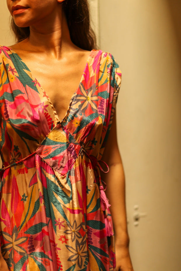 VICTORIA SILK DRESS FLOWER BOMB - sustainably made MOMO NEW YORK sustainable clothing, Boho Chic Dress slow fashion