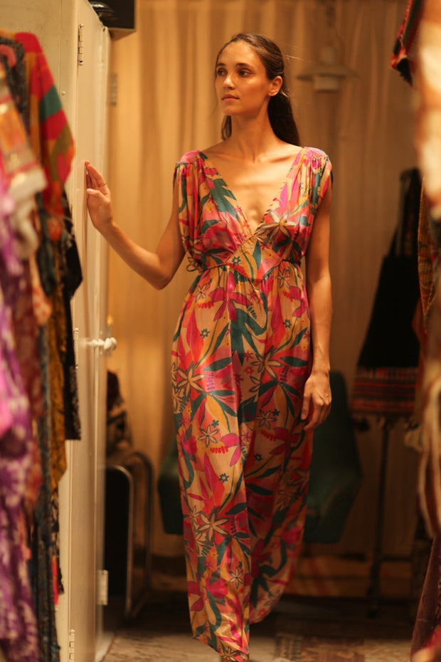 VICTORIA SILK DRESS FLOWER BOMB - sustainably made MOMO NEW YORK sustainable clothing, Boho Chic Dress slow fashion
