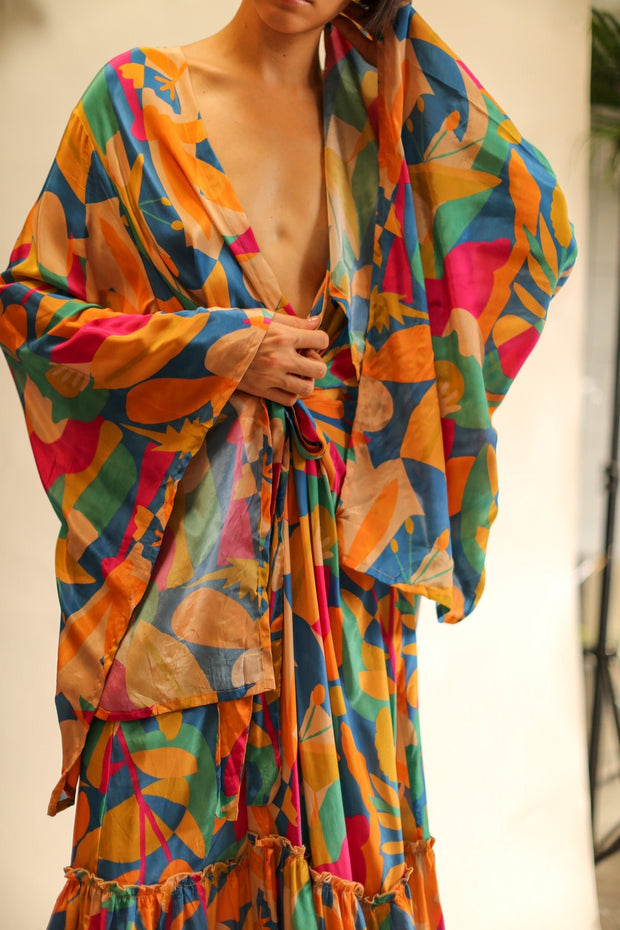 XL HAND BLOCK SILK KIMONO TYLET - sustainably made MOMO NEW YORK sustainable clothing, Kimono slow fashion