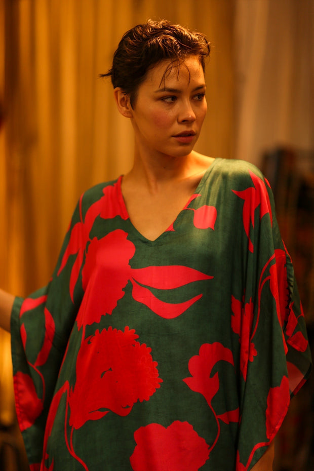 YAYA SILK KAFTAN PINK AND GREEN - sustainably made MOMO NEW YORK sustainable clothing, dresskaftan slow fashion