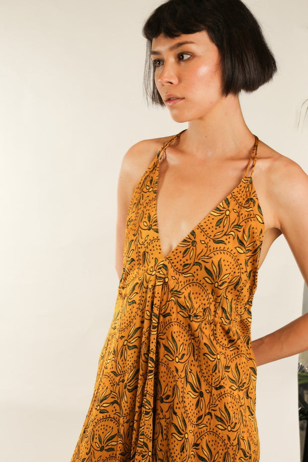 YELLOW SILK OPEN BACK SHOULDER DRESS FRANKIS - sustainably made MOMO NEW YORK sustainable clothing, dress slow fashion