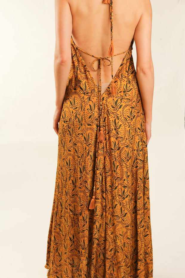 YELLOW SILK OPEN BACK SHOULDER DRESS FRANKIS - sustainably made MOMO NEW YORK sustainable clothing, dress slow fashion