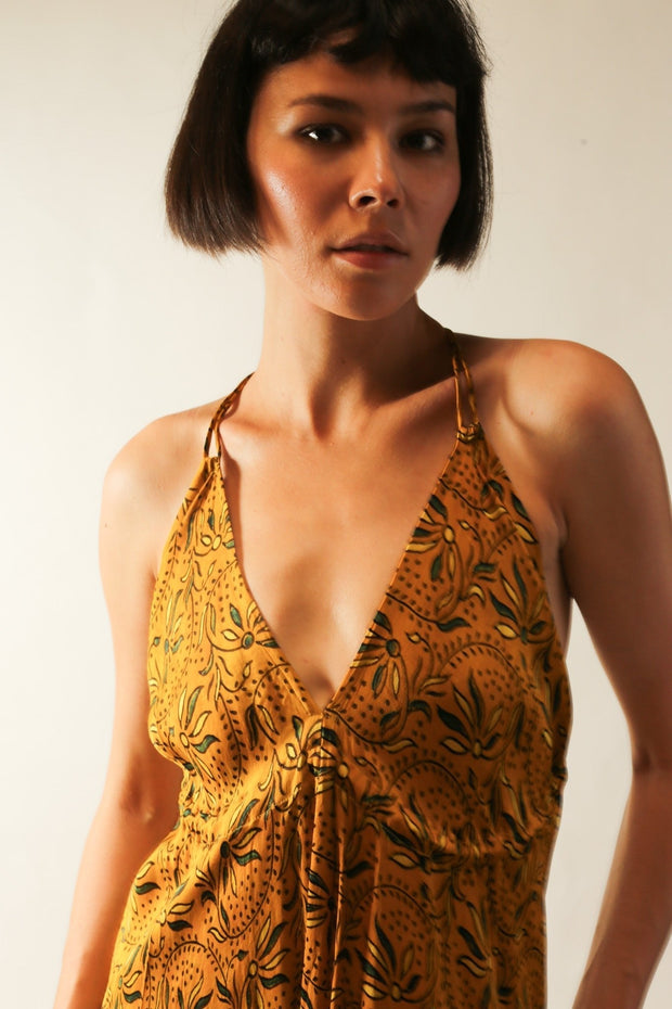 YELLOW SILK OPEN BACK SHOULDER DRESS FRANKIS - sustainably made MOMO NEW YORK sustainable clothing, dress slow fashion