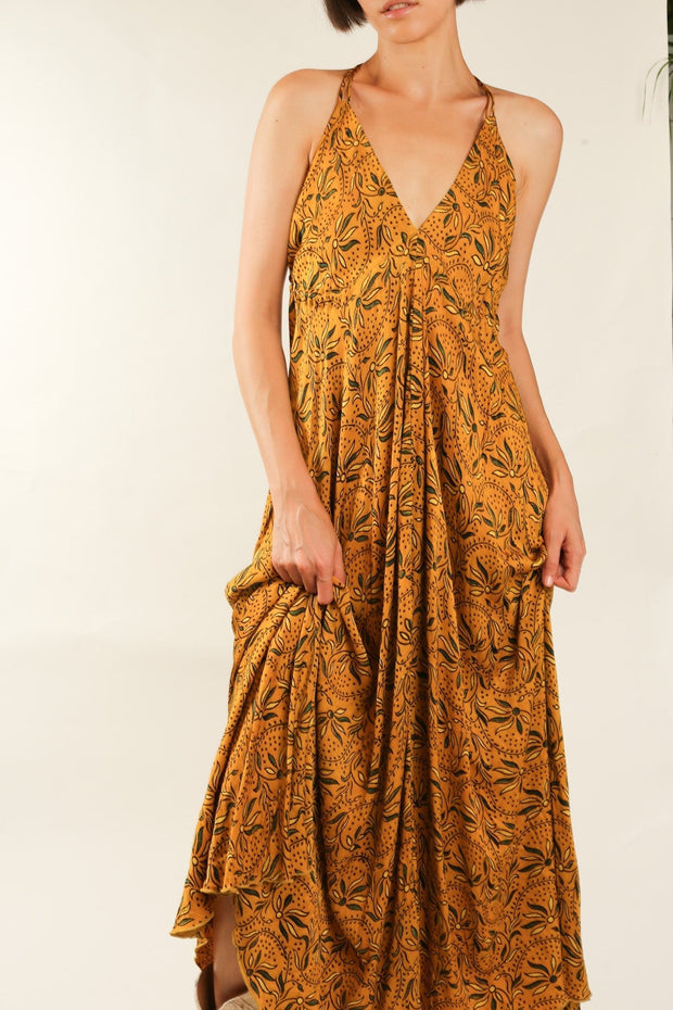 YELLOW SILK OPEN BACK SHOULDER DRESS FRANKIS - sustainably made MOMO NEW YORK sustainable clothing, dress slow fashion