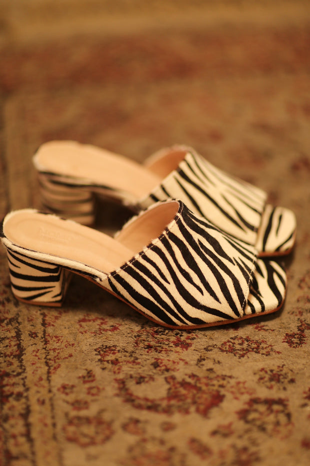 ZEBRA PRINT HEELED MULES - sustainably made MOMO NEW YORK sustainable clothing, new slow fashion