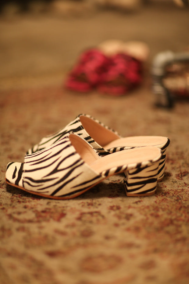 ZEBRA PRINT HEELED MULES - sustainably made MOMO NEW YORK sustainable clothing, new slow fashion