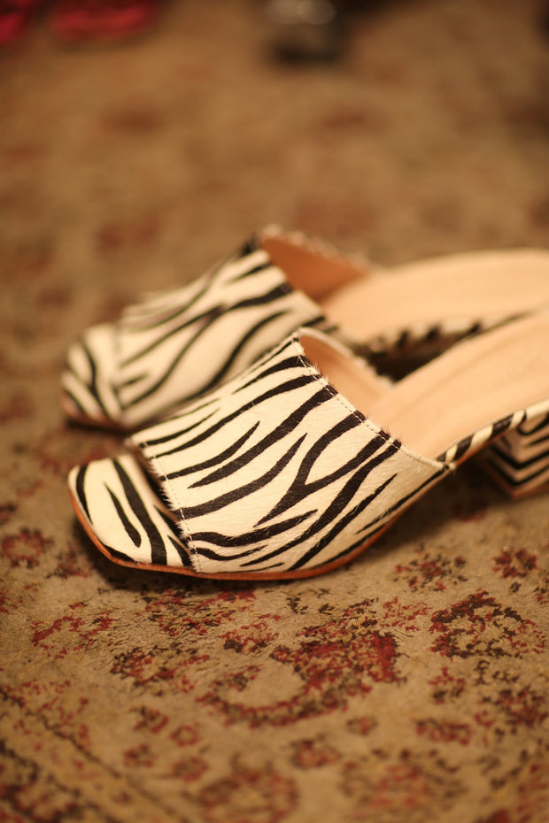 ZEBRA PRINT HEELED MULES - sustainably made MOMO NEW YORK sustainable clothing, new slow fashion
