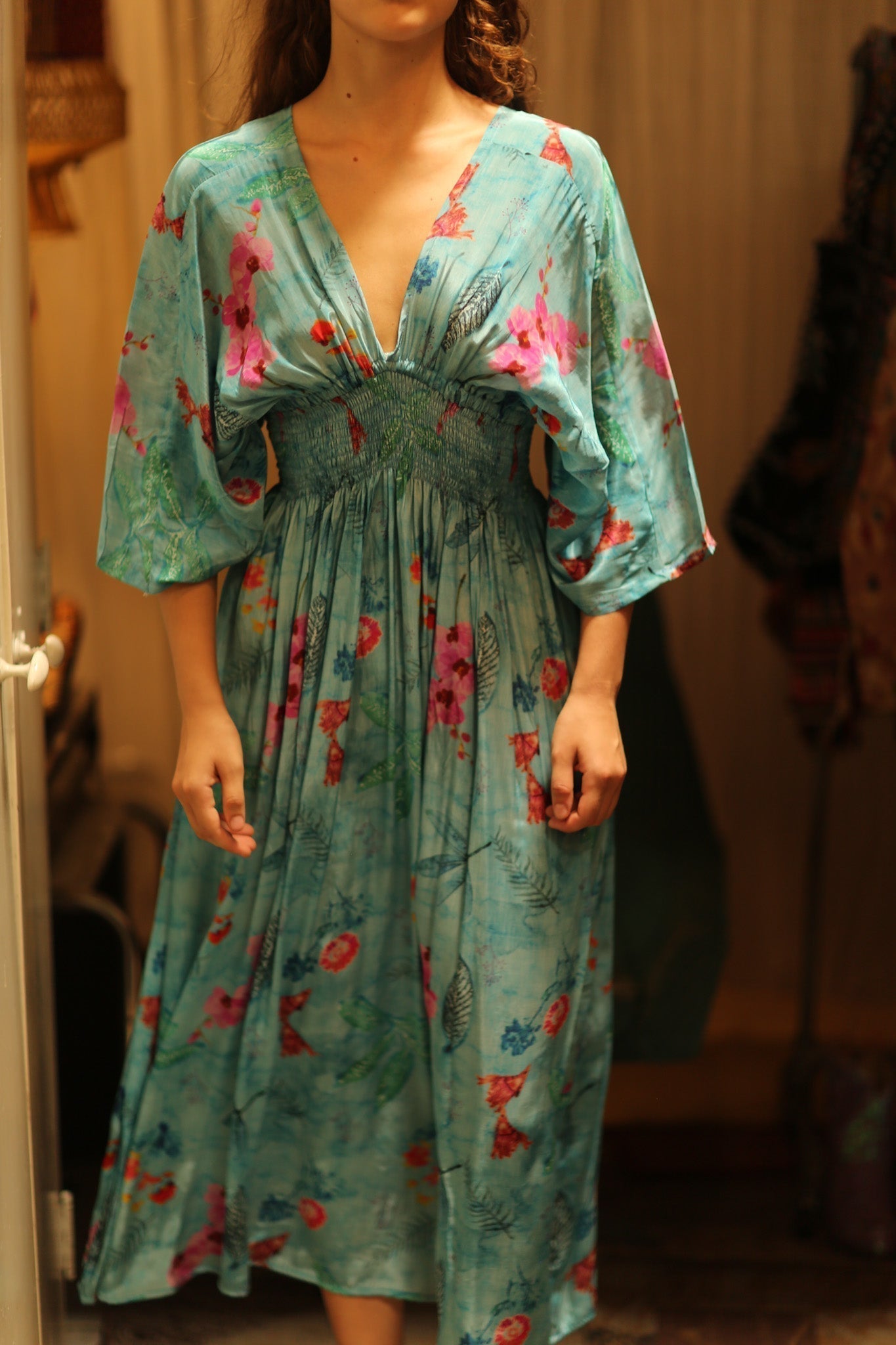 zuri dress SILK LAKE BLUE, hand made - MOMO NEW YORK res--weight--light Women's Black Sleeveless Velour Handcrafted garments are delicate Color:Ice Blue