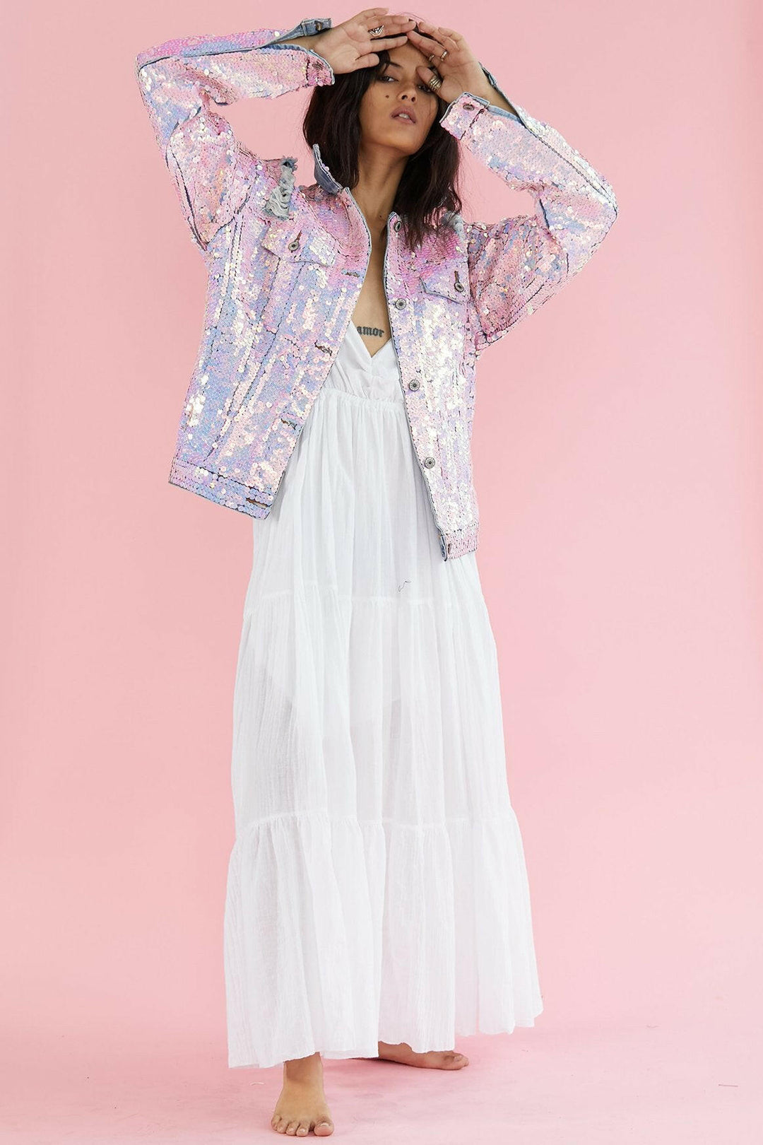 SEQUIN EMBROIDERD DENIM JACKET DEMI, hand made - MOMO NEW YORK -