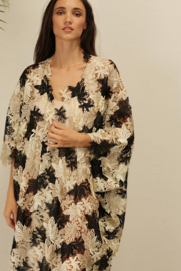 ACANTHA FLOWER LACE KIMONO - sustainably made MOMO NEW YORK sustainable clothing, Embroidered Kimono slow fashion