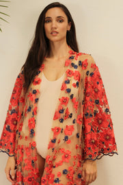 APHRODITE FLOWER CHIFFON SILK KIMONO - sustainably made MOMO NEW YORK sustainable clothing, Embroidered Kimono slow fashion