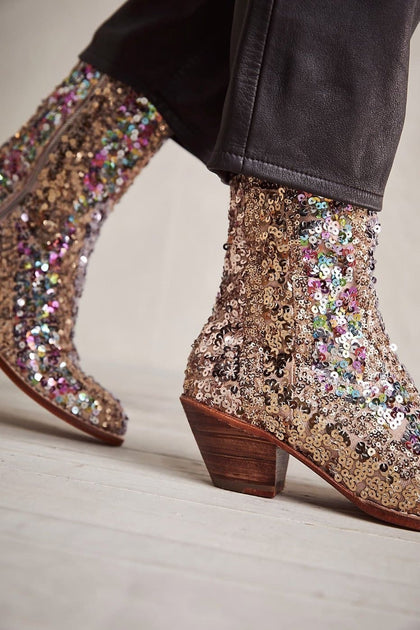 Glitter Sequin Cuffed Western Boots Womens Block Heel Pointed Toe Mid Calf  Boots