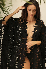 BLACK COTON LACE FLOWER KIMONO - sustainably made MOMO NEW YORK sustainable clothing, Embroidered Kimono slow fashion