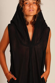 BLACK COTTON HOODIE DRESS SHARA - sustainably made MOMO NEW YORK sustainable clothing, Kimono slow fashion