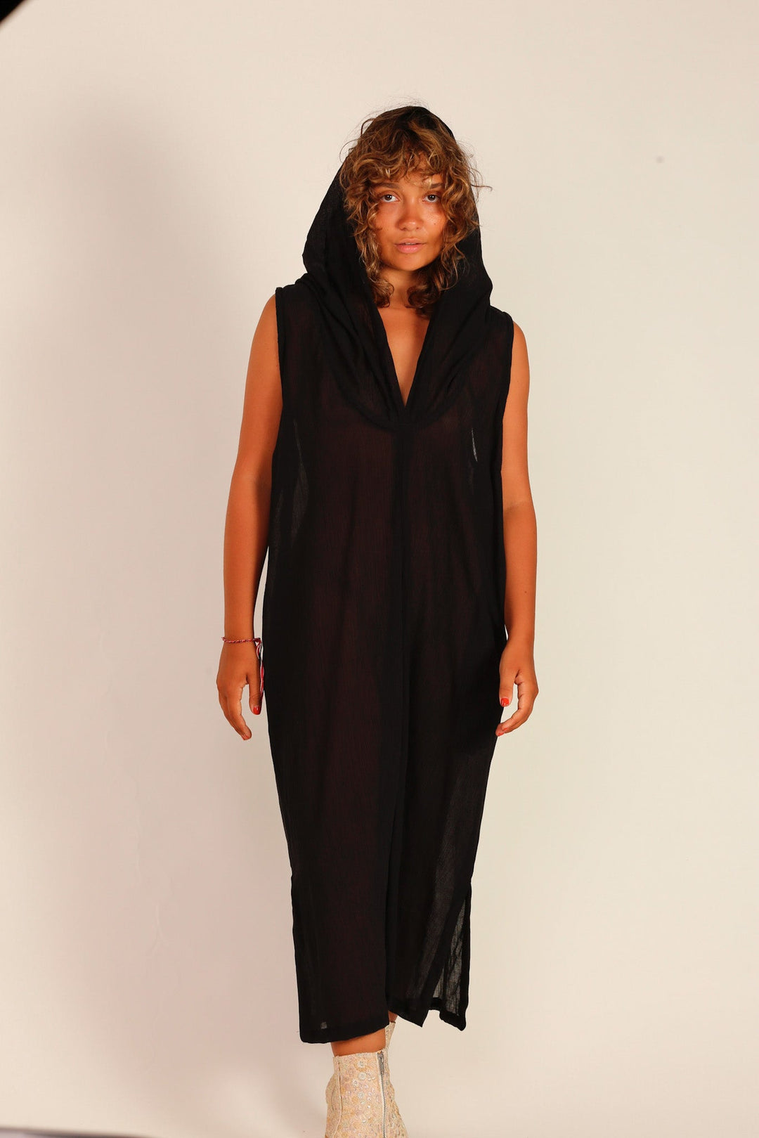 BLACK COTTON HOODIE DRESS SHARA, hand made - MOMO NEW YORK