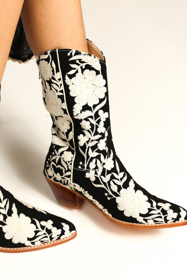 BLACK CREME FLOWER EMBROIDERED WESTERN BOOTS SHIRON - sustainably made MOMO NEW YORK sustainable clothing, boots slow fashion