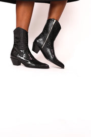 BLACK CROCODILE EMBOSSED MID HIGH BOOTS FLOR - sustainably made MOMO NEW YORK sustainable clothing, boots slow fashion
