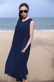 BLUE SLEEVELESS DRESS ARINA - sustainably made MOMO NEW YORK sustainable clothing, kaftan slow fashion