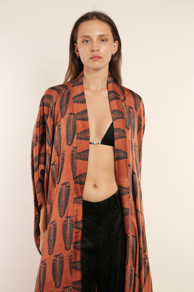 BROWN PLUME KIMONO SRISA - sustainably made MOMO NEW YORK sustainable clothing, kimono slow fashion