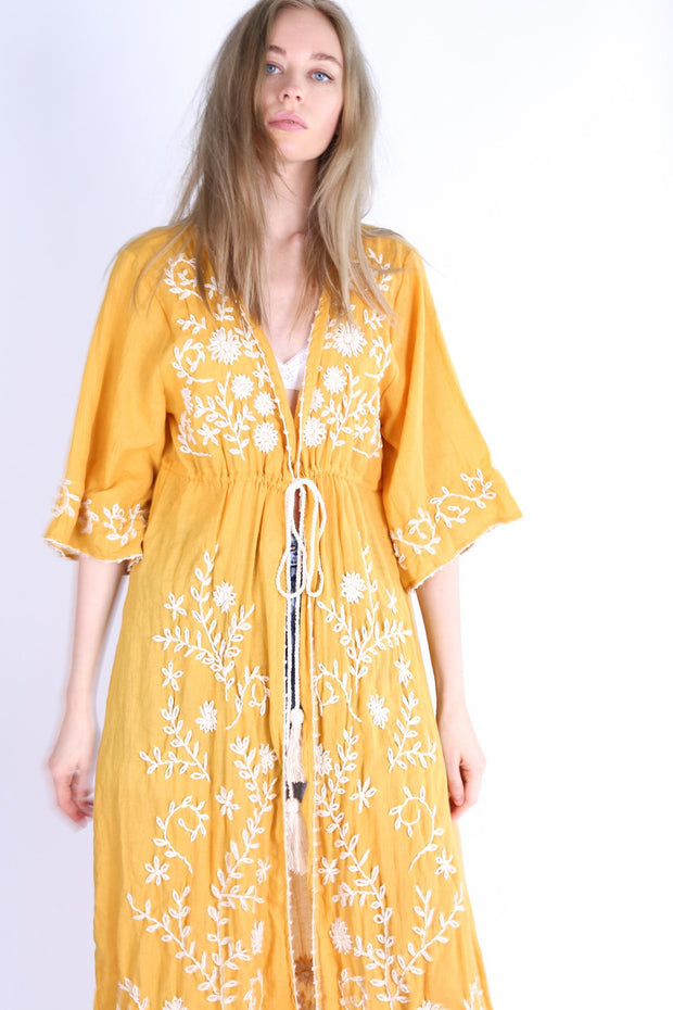 CALIFORNIA LOVE MIA EMBROIDERED KIMONO DUSTER - sustainably made MOMO NEW YORK sustainable clothing, Kimono slow fashion