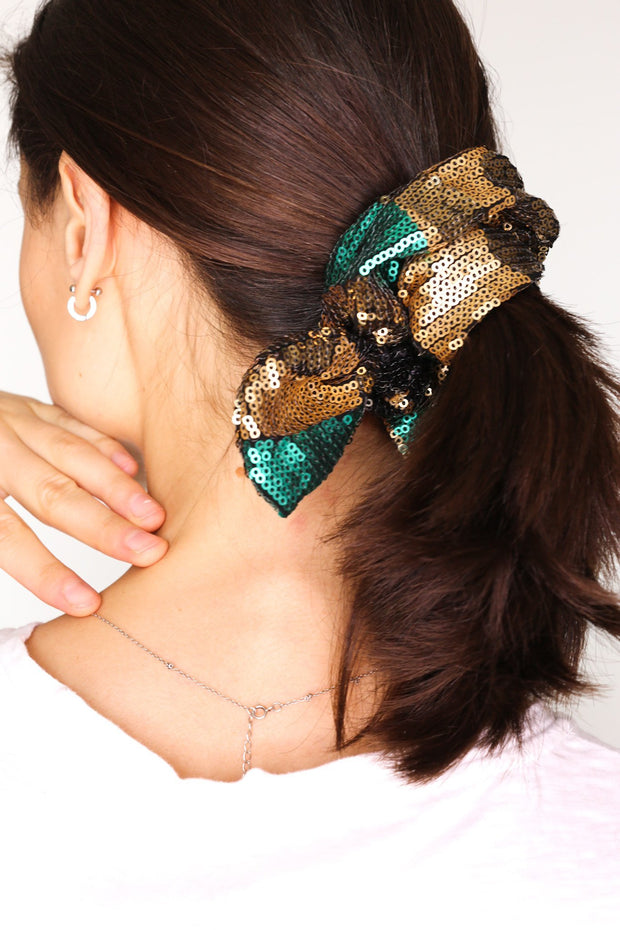 CAMOUFLAGE SEQUIN SCRUNCHIE HEADBAND - sustainably made MOMO NEW YORK sustainable clothing, sequence slow fashion