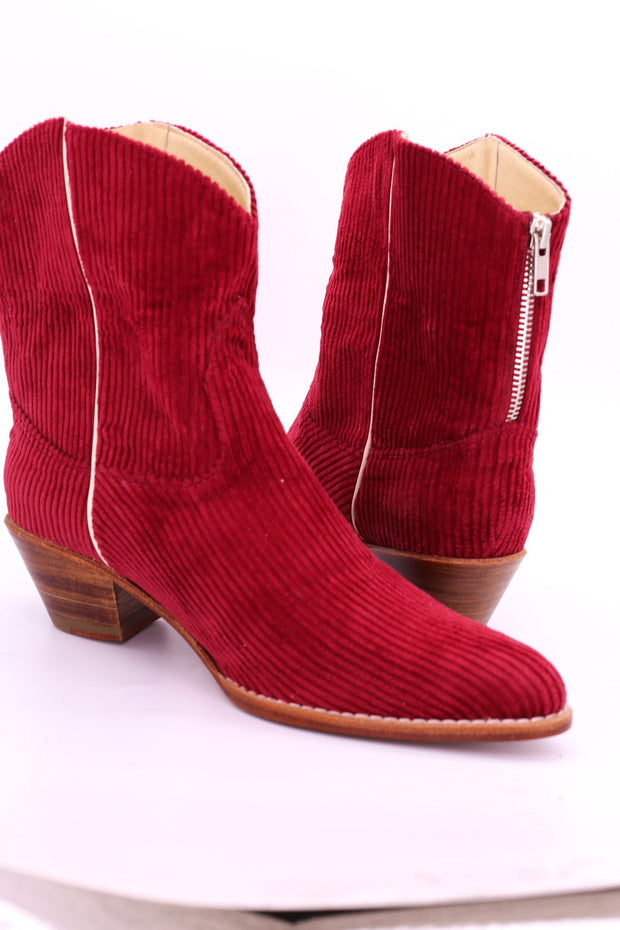 CORDUROY RED BOOTIES LINNEAH - sustainably made MOMO NEW YORK sustainable clothing, boots slow fashion